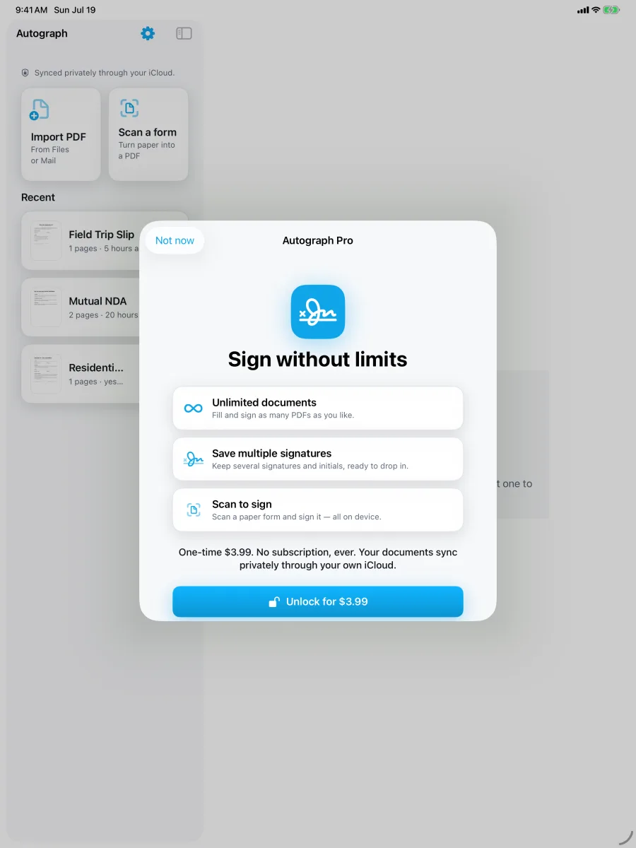 Autograph: Podpisz i wypełnij PDF — iPad — one-time $5.99, no subscription. Signs stay on your device.