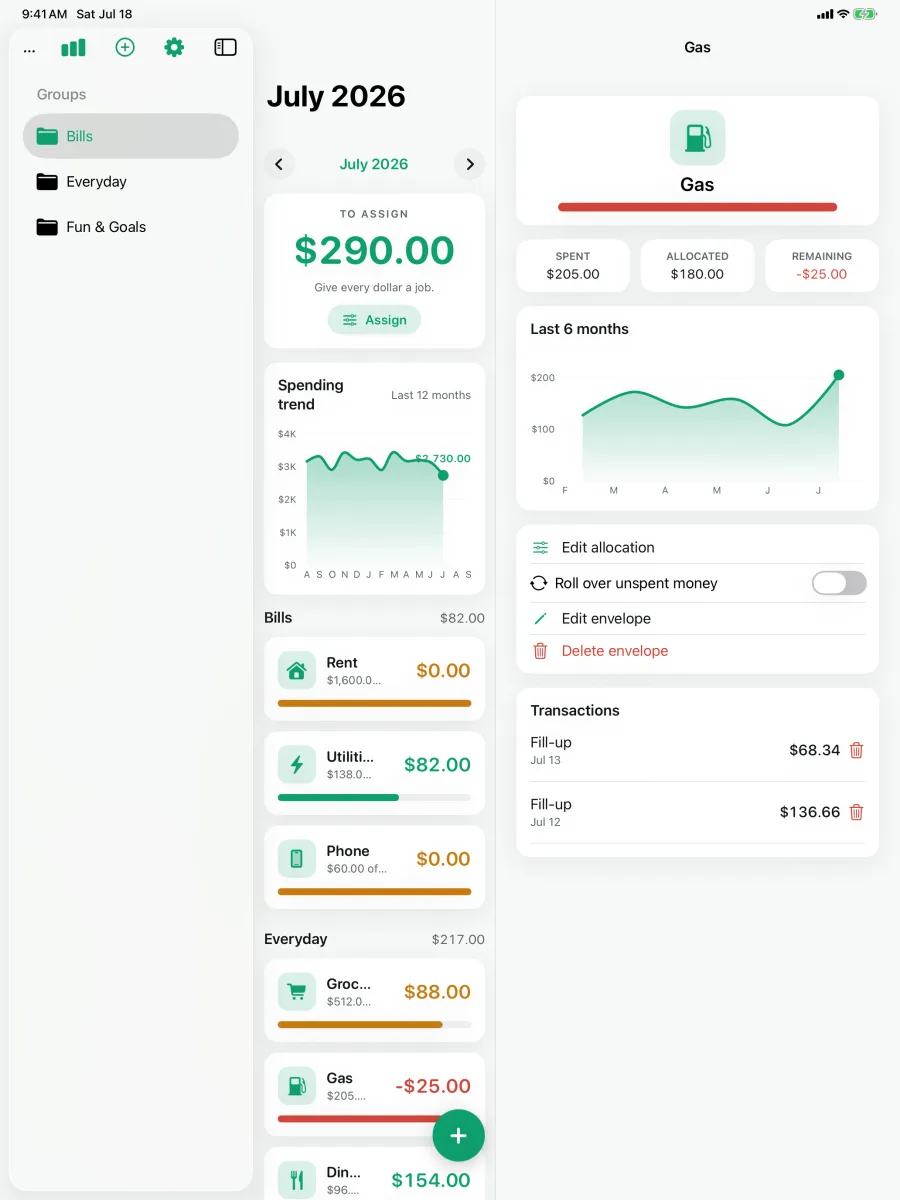 Cashley: Envelope Budget — iPad — seus envelopes e saldos em toda a largura.