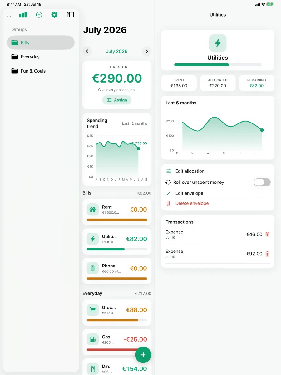 Cashley: Envelope Budget — iPad — orçamento em euros, qualquer moeda suportada.