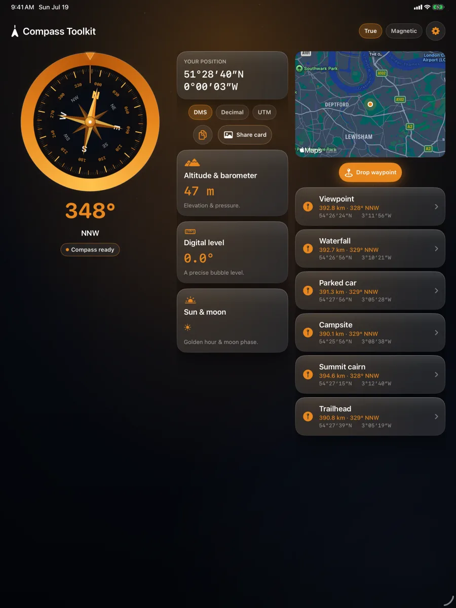 Compass Toolkit — iPad — la brújula y todo el kit a lo ancho.