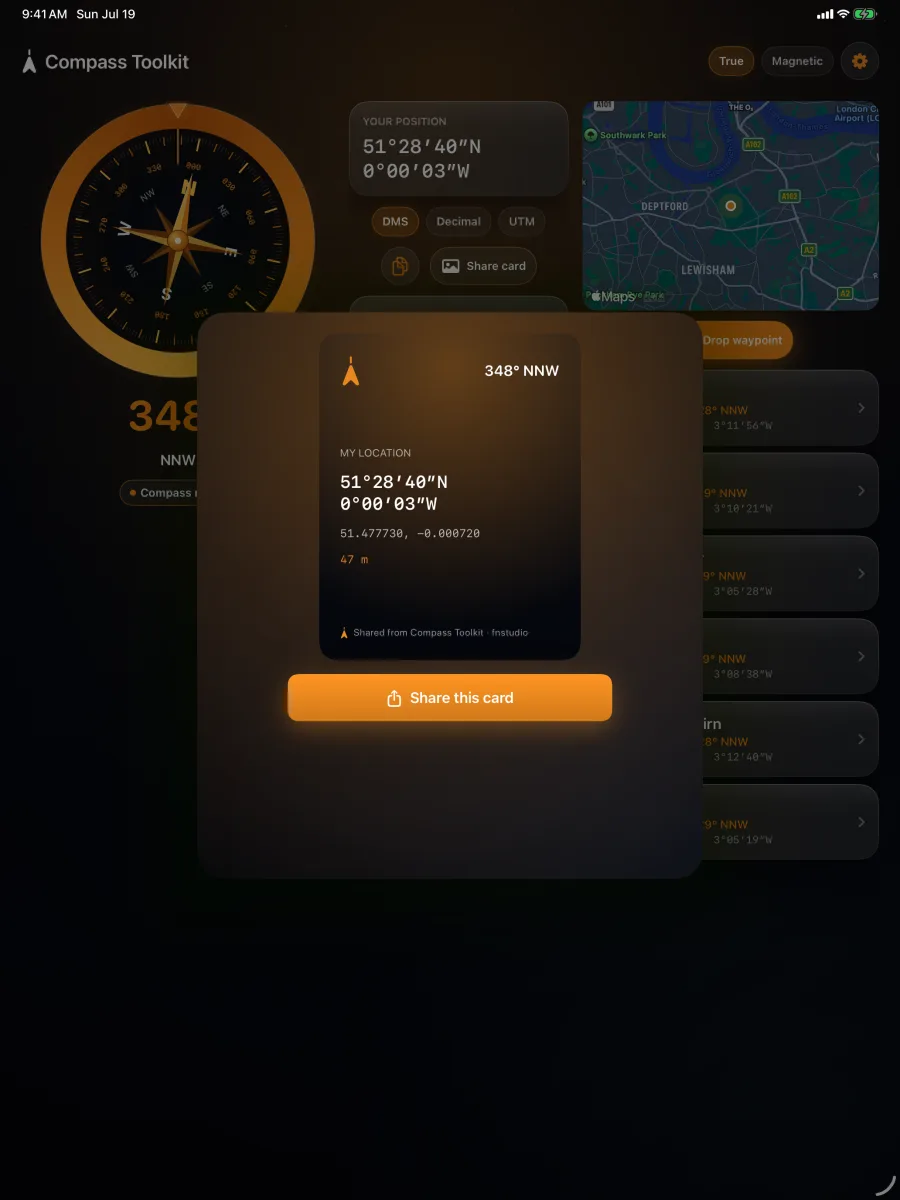 Compass Toolkit — iPad — una preciosa tarjeta para compartir ubicación en la pantalla grande.