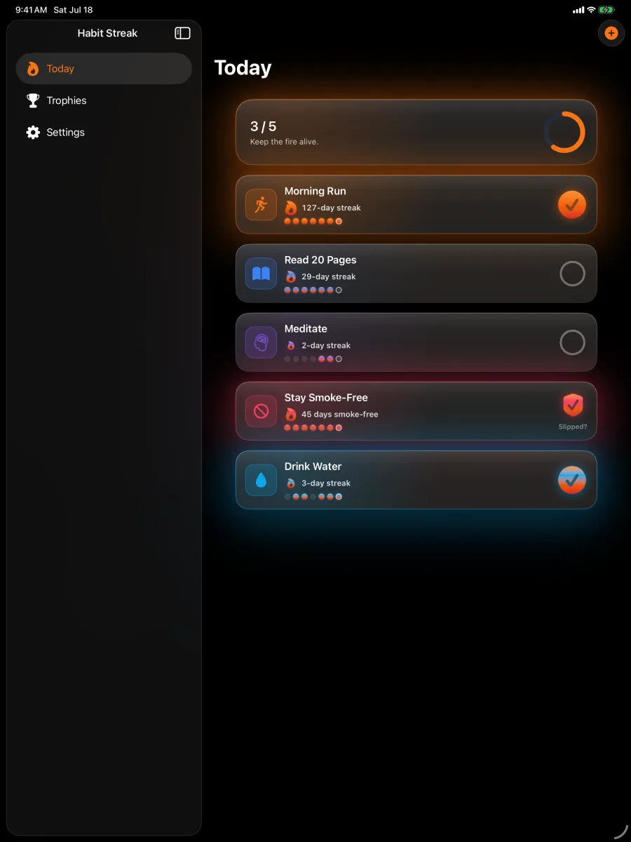 Habit Streak: Habits Tracker — iPad — le abitudini di oggi e le fiamme luminose, a tutta larghezza.
