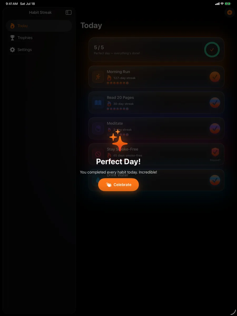 Habit Streak: Habits Tracker — iPad — una giornata perfetta sul grande schermo.
