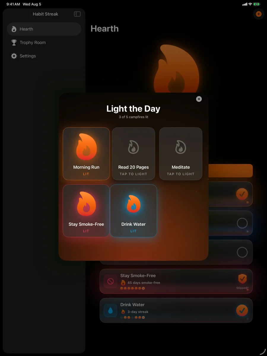 Habit Streak: Habits Tracker — iPad — Light the Day, a warm ceremony on the big screen.