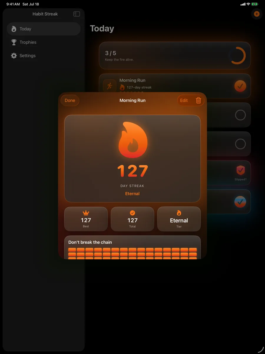 Habit Streak: Habits Tracker — iPad — la striscia, la heatmap e i traguardi di un'abitudine fianco a fianco.