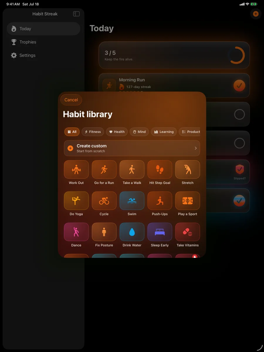 Habit Streak: Habits Tracker — iPad — il catalogo di abitudini da 91 preset.