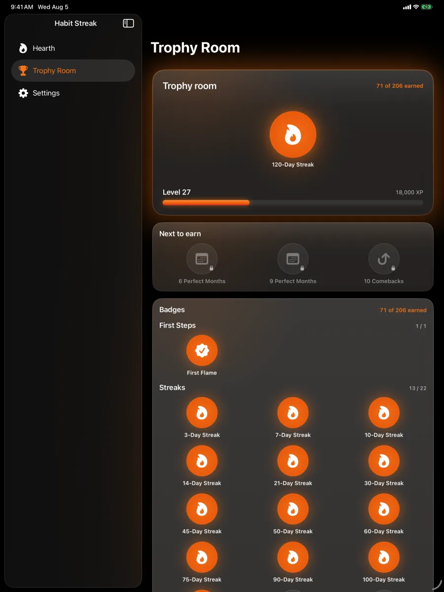Habit Streak: Habits Tracker — iPad — the Trophy Room of badges and XP.