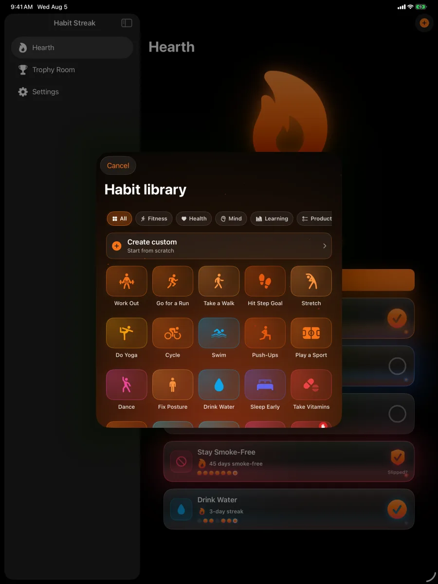 Habit Streak: Habits Tracker — iPad — the 93-preset habit catalog.