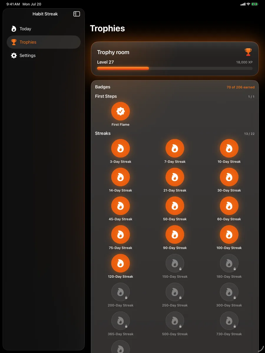 Habit Streak: Habits Tracker — iPad — la Sala dei Trofei di distintivi e XP.