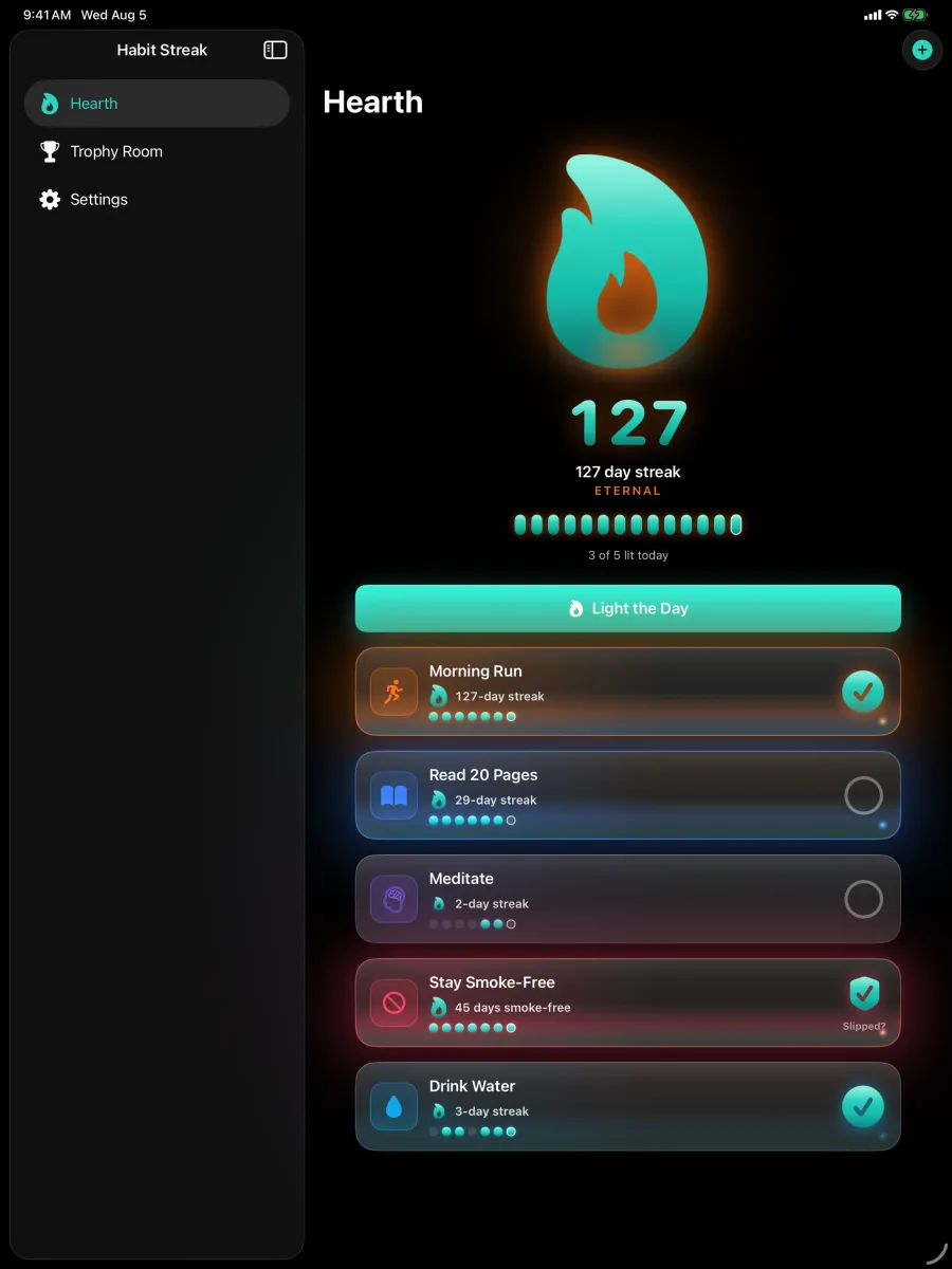 Habit Streak: Habits Tracker — iPad — the Cyber theme skin.