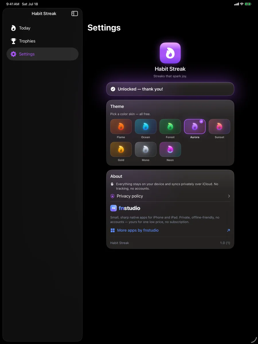 Habit Streak: Habits Tracker — iPad — scegli tra otto skin a tema gratuite.