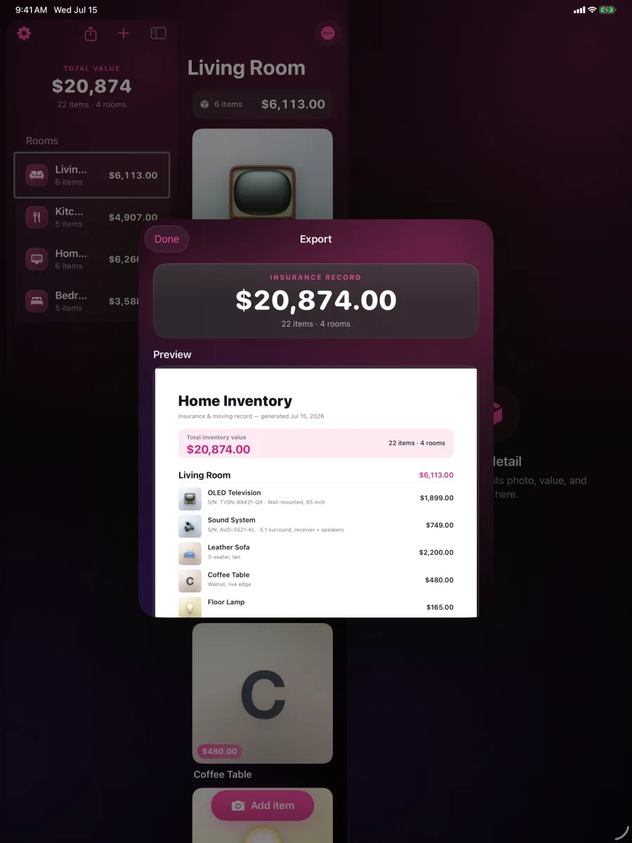 HomeVault: Inventory — Exporte pelo painel de detalhe do iPad, ao lado dos seus cômodos