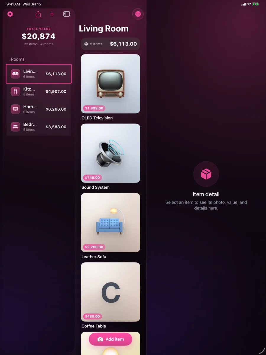 HomeVault: Inventory — Layout mestre-detalhe genuíno de 3 colunas no iPad