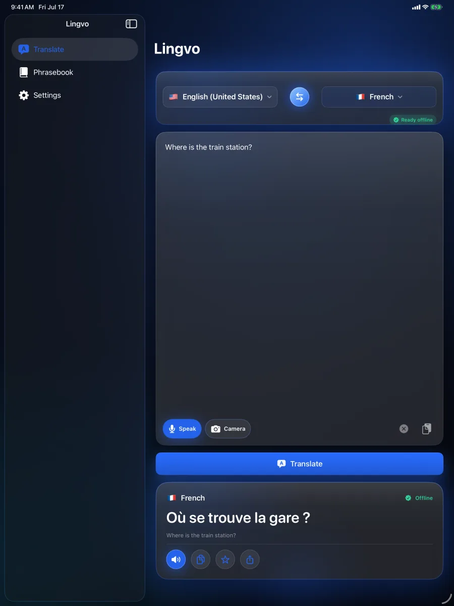 Lingvo: Offline Translator — iPad — traduci testo a tutta larghezza in 21 lingue.