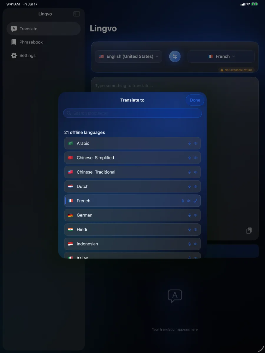 Lingvo: Offline Translator — iPad — scegli una coppia di lingue qualsiasi dal selettore sul dispositivo.
