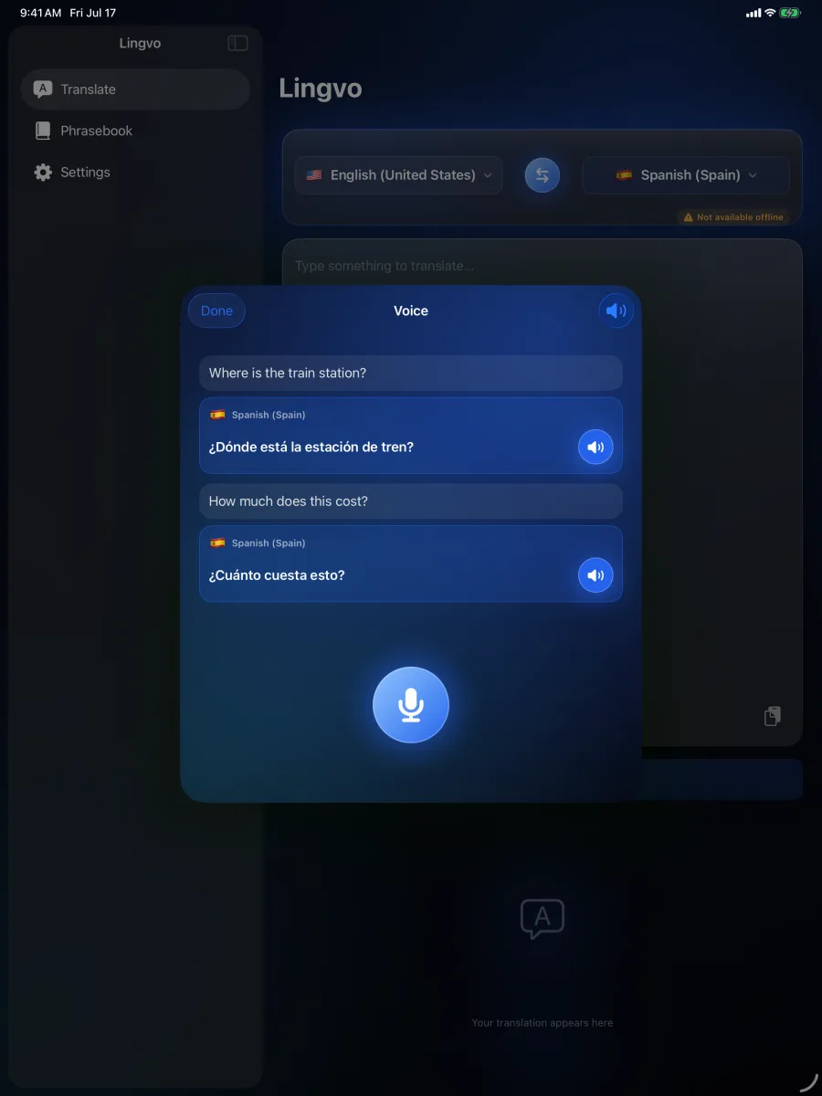 Lingvo: Offline Translator — iPad — traduzione vocale sul grande schermo.
