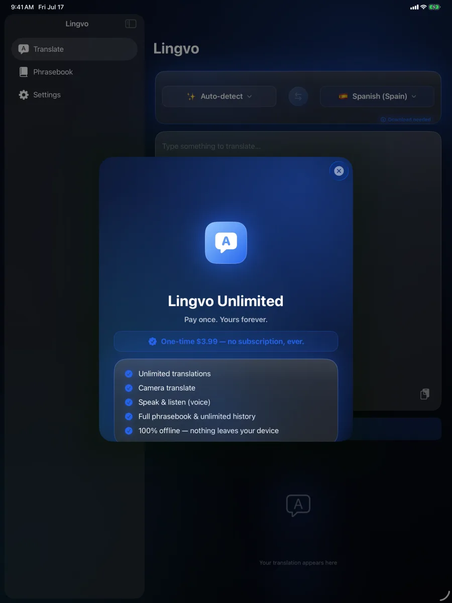 Lingvo: Offline Translator — iPad — sblocco una tantum da $5.99, nessun abbonamento.
