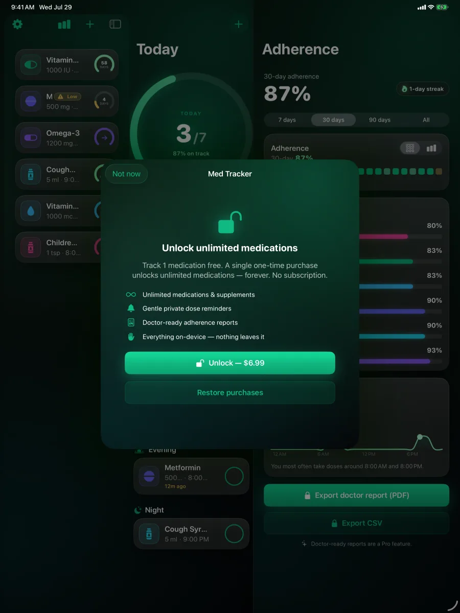 DoseLog: Medication Reminder — One fair price — a single $6.99 unlock for unlimited medications. No subscription, ever.