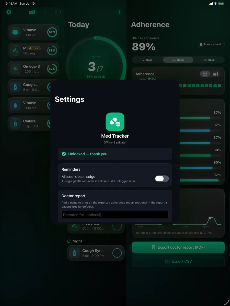 DoseLog: Medication Reminder — Private by design — missed-dose nudges, appearance, and a doctor-report export; nothing leaves your device.