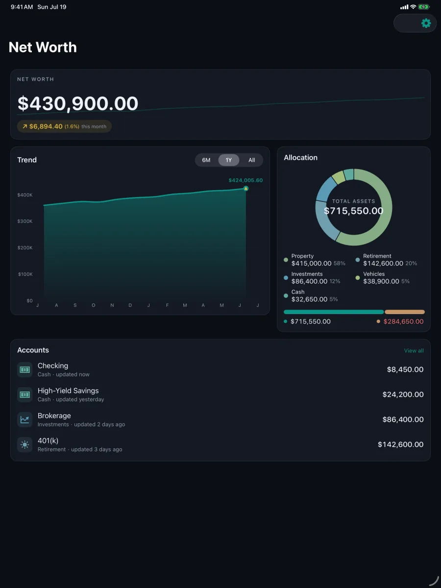 Networth: Assets & Net Worth — iPad — ダッシュボード全体をダークモードで。