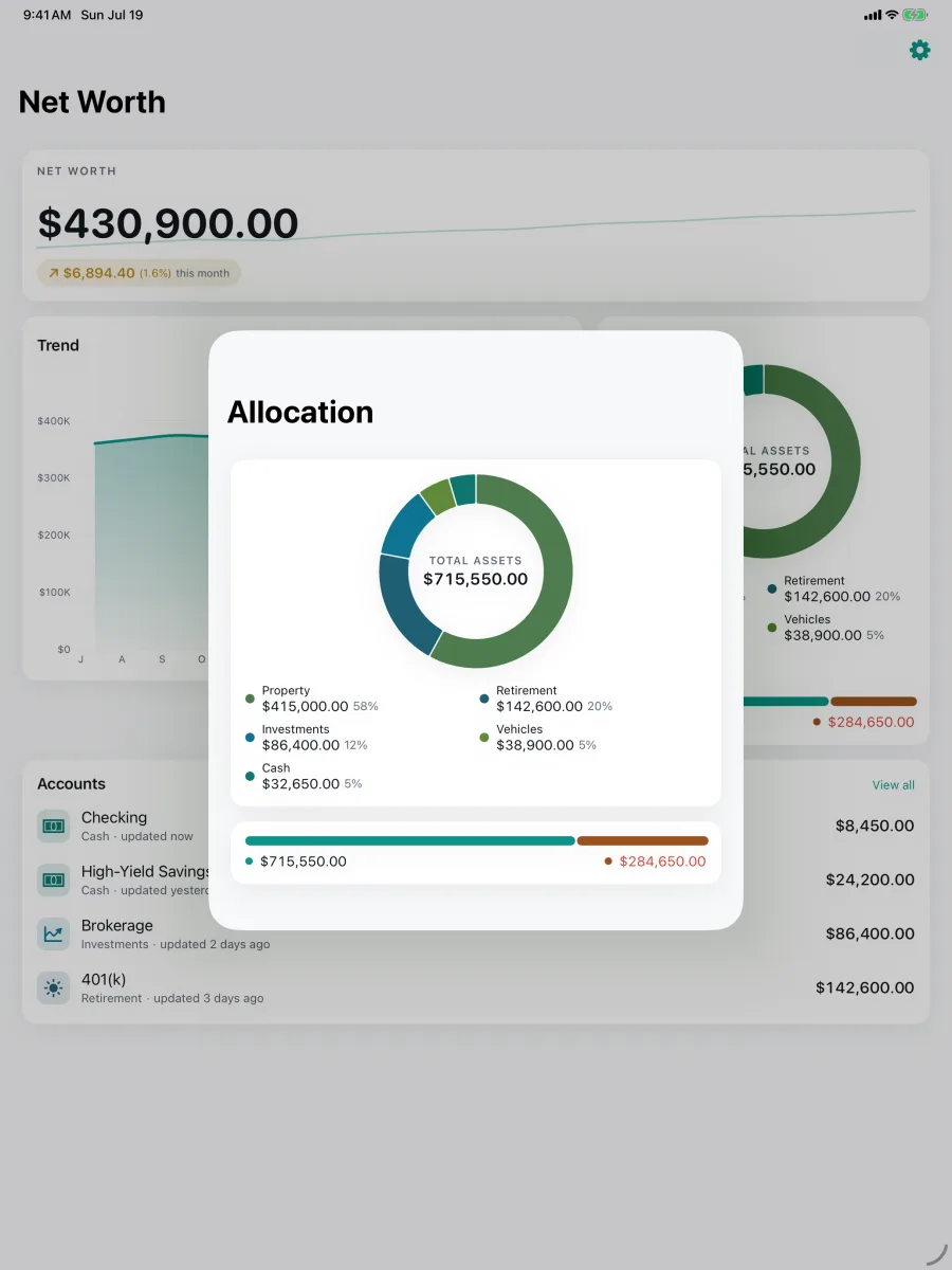 Networth: Assets & Net Worth — iPad — 配分の内訳と口座リストを並べて。