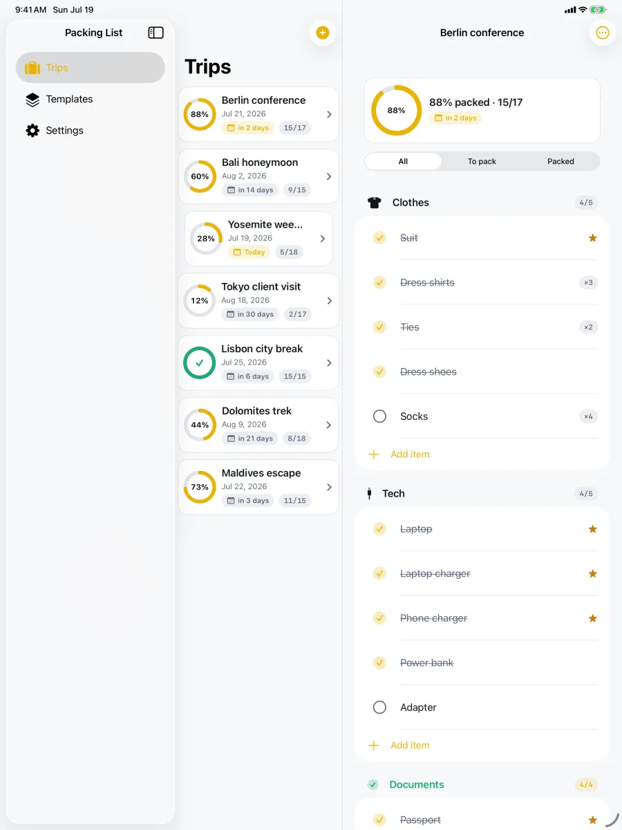 TripPack: Packing Checklist — iPad — arrumando a mala