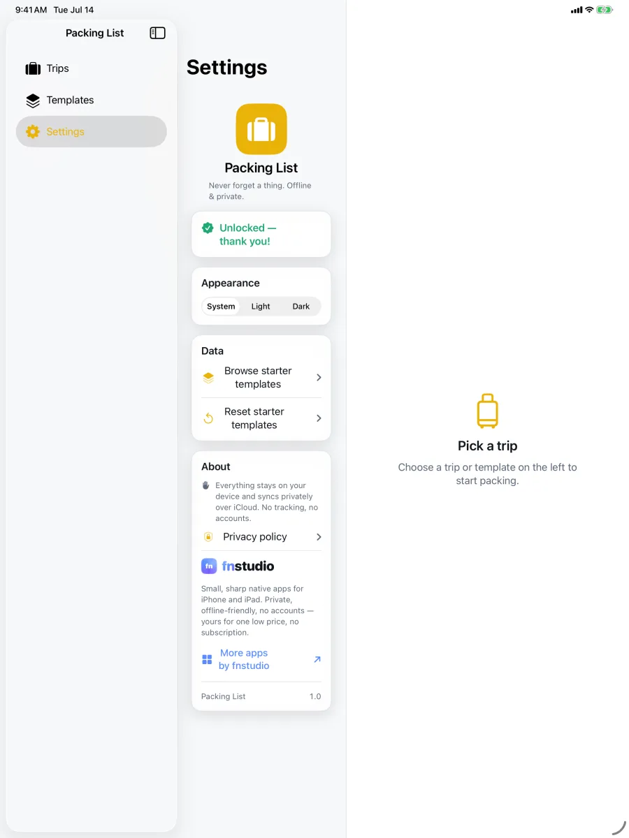 TripPack: Packing Checklist — iPad — private, offline, one-time purchase — no account needed.