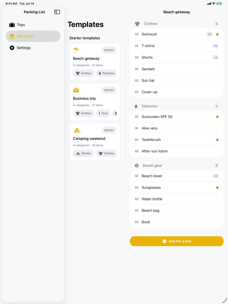 TripPack: Packing Checklist — iPad — detalhe do modelo