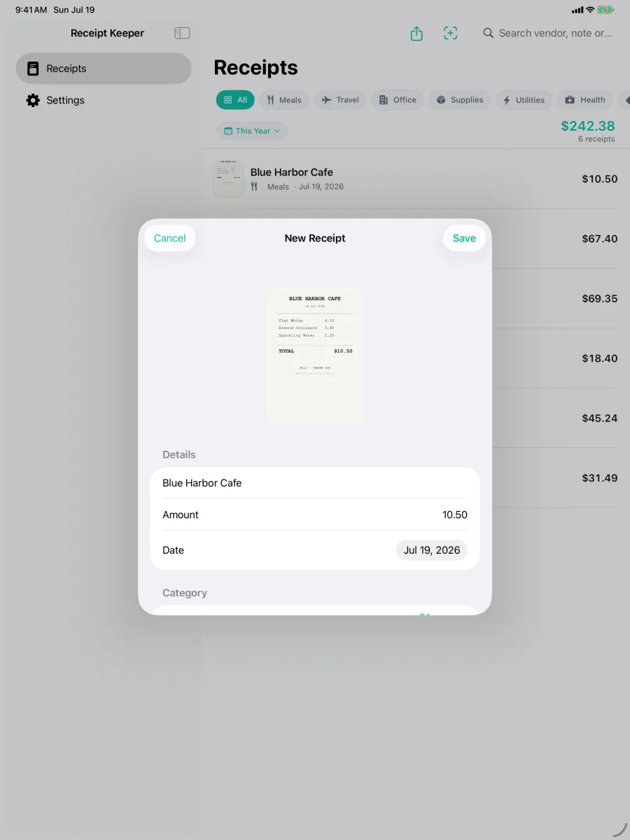 Keepsy: レシート管理 — Capture/edit form — OCR pre-fills vendor, amount and date from a scanned receipt