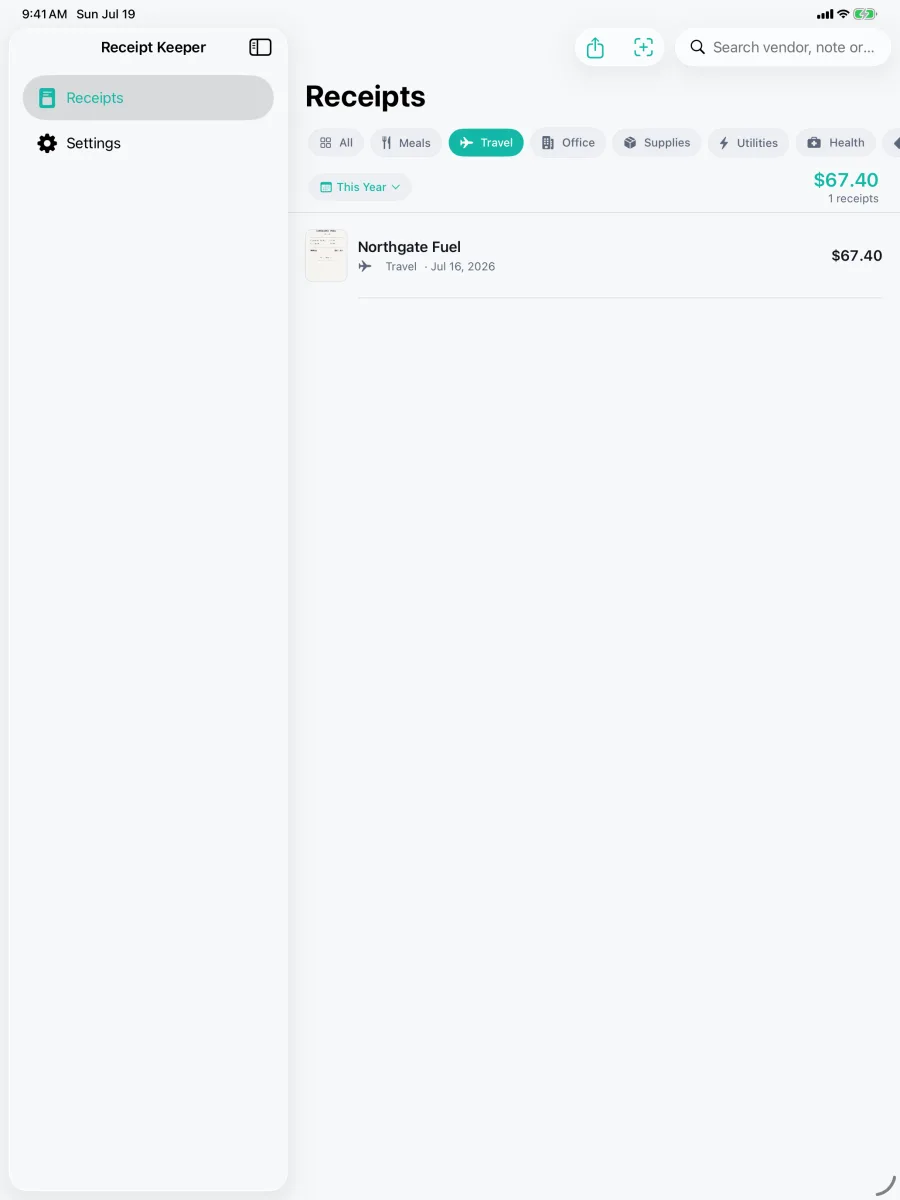 Keepsy: レシート管理 — Category filter bar (Meals/Travel/Office/Supplies/Utilities/Health) with the running total, Travel selected