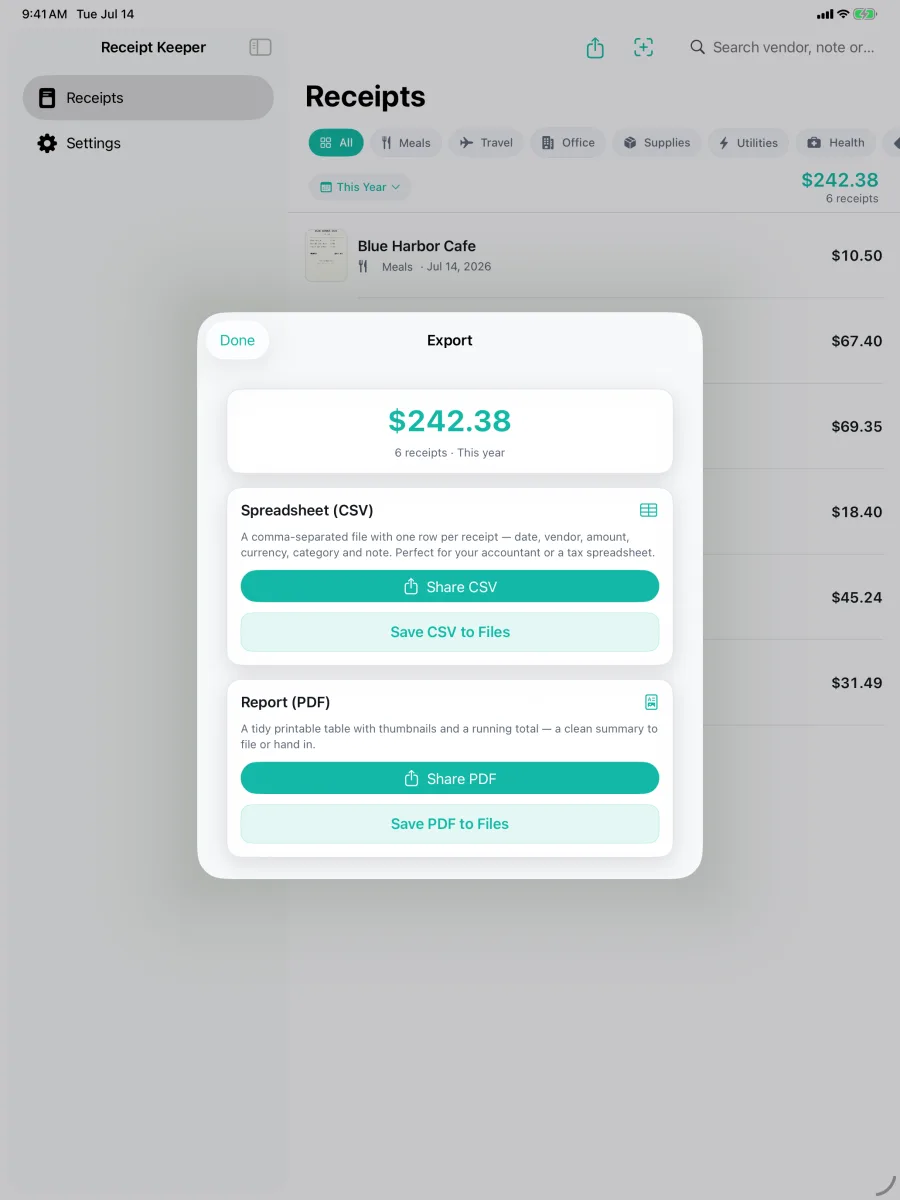 Keepsy: レシート管理 — iPad 詳細ペインから CSV や PDF を書き出し