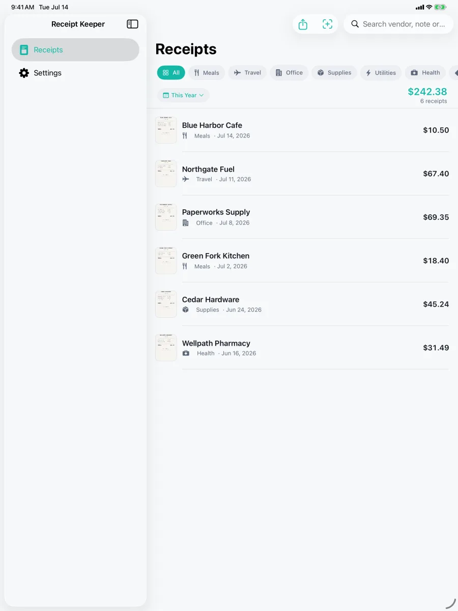 Keepsy: レシート管理 — iPad にゆったりした分割ビューのライブラリ