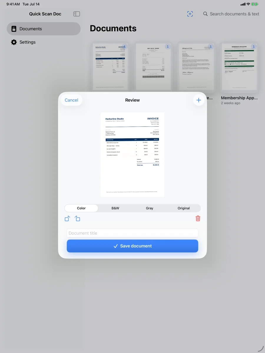 Scanly：快速文档扫描 — 在大屏的审阅编辑器里增强页面