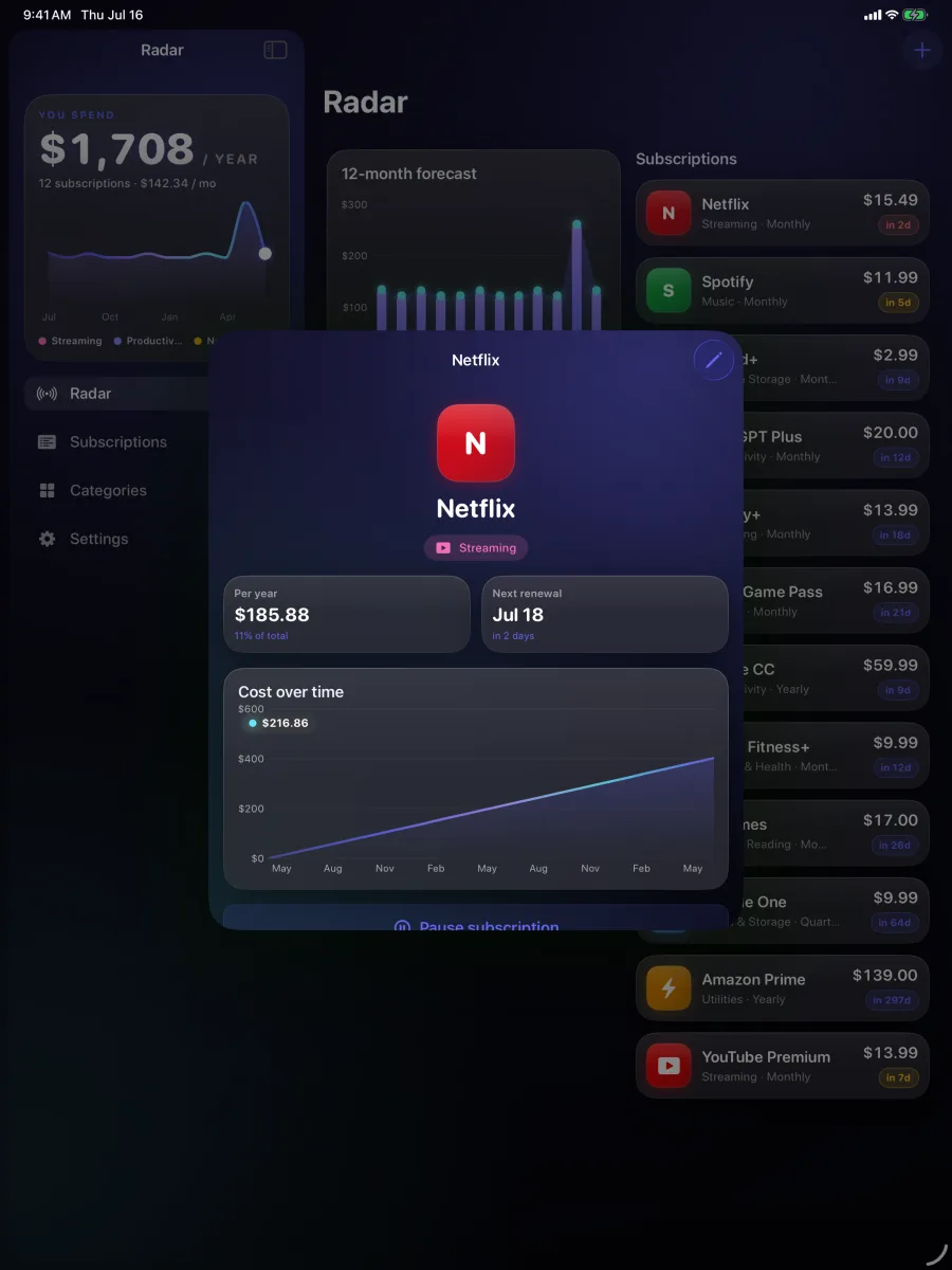 SpendRadar: Sub Tracker — Toque em qualquer serviço para ver seu custo ao longo do tempo e o detalhe de renovação.