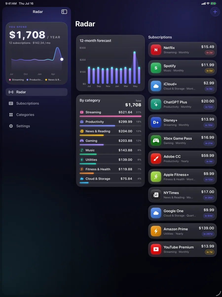 SpendRadar: Sub Tracker — O radar completo no iPad: barras de previsão, rosca por categoria e sua lista lado a lado.