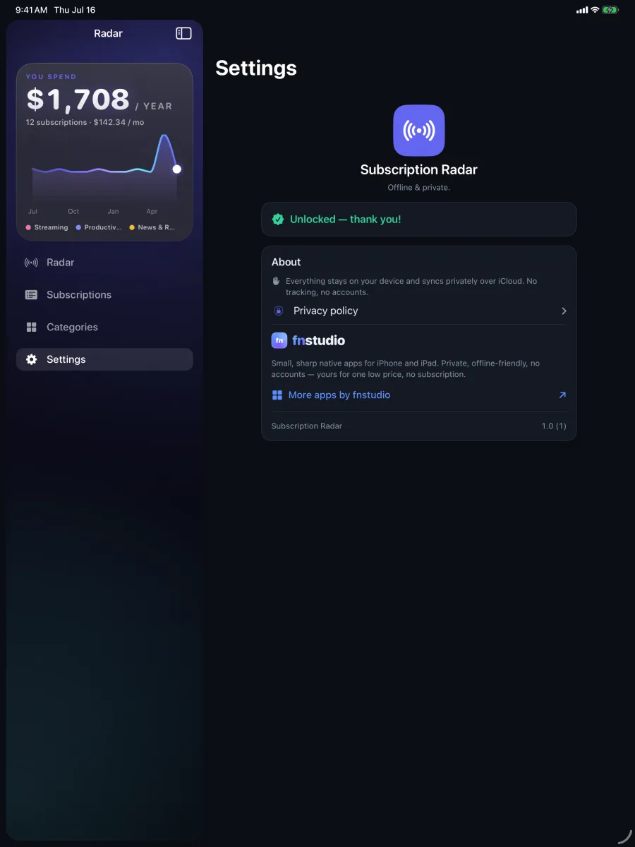 SpendRadar: Sub Tracker — Privado por design — tudo fica no seu dispositivo, sincronizado pelo iCloud.