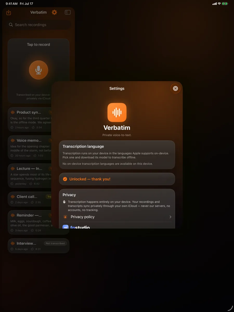 Verbatim: Voice to Text — iPad — privado por design.