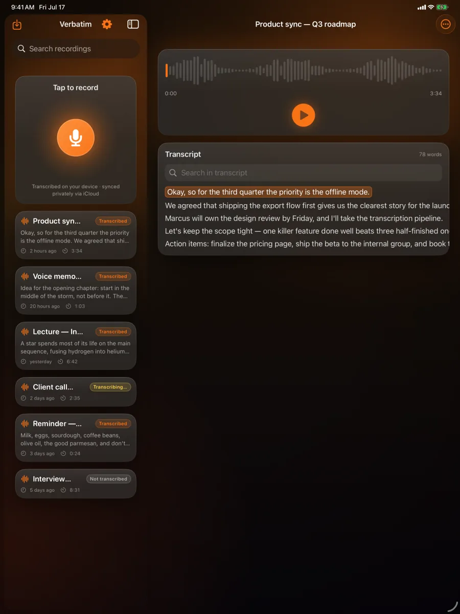 Verbatim: Voice to Text — iPad — leia e pesquise a transcrição completa.