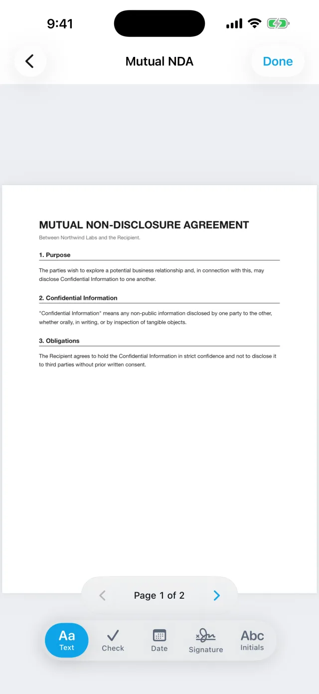 Autograph: Podpisz i wypełnij PDF — Multi-page documents — page through an NDA and sign the right page.