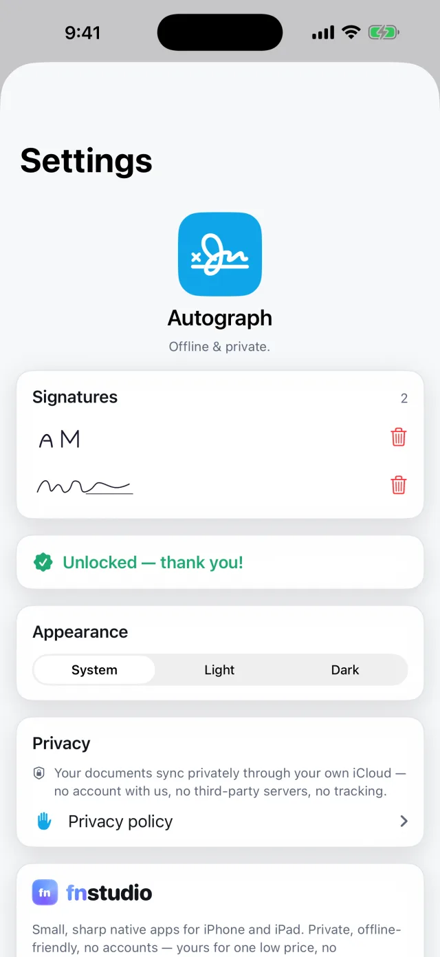 Autograph: Podpisz i wypełnij PDF — Prywatny z założenia — zsynchronizowany przez Twój własny iCloud, bez konta.