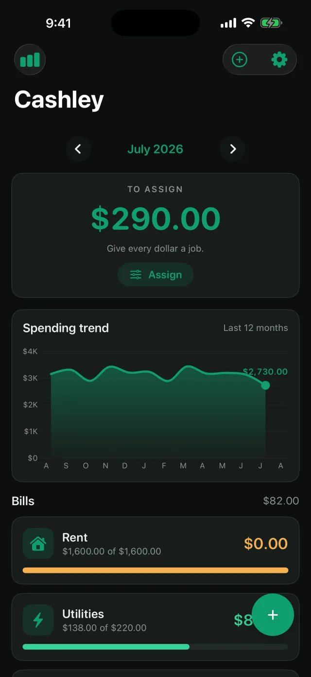 Cashley: Envelope Budget — O mesmo orçamento no modo escuro — ele acompanha a aparência do seu sistema.
