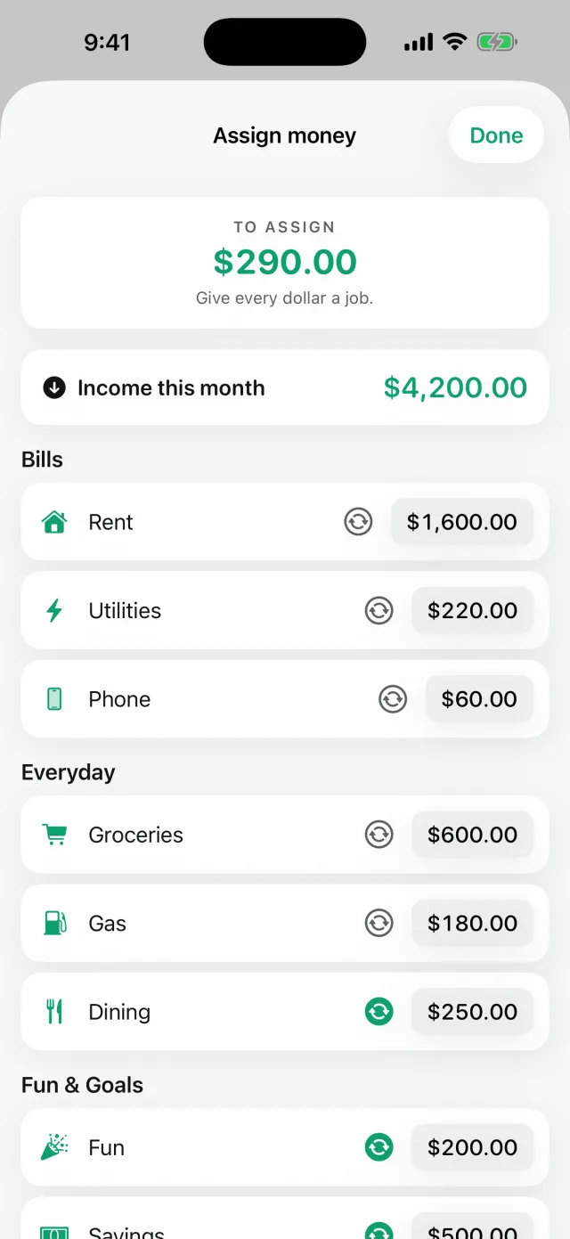 Cashley: Envelope Budget — Atribua a renda aos envelopes até o orçamento ficar de base zero.