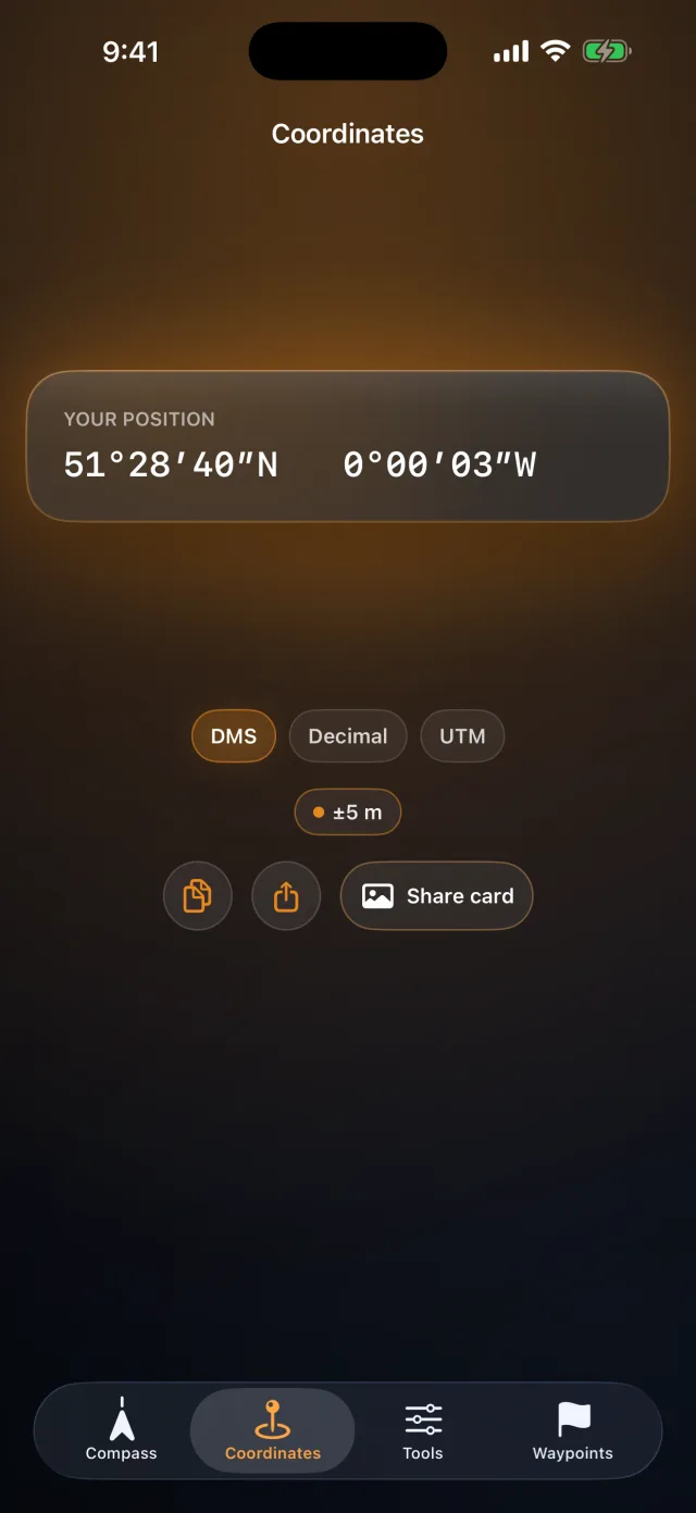 Compass Toolkit — Coordenadas GPS precisas en DMS, decimales o UTM — copia y comparte.