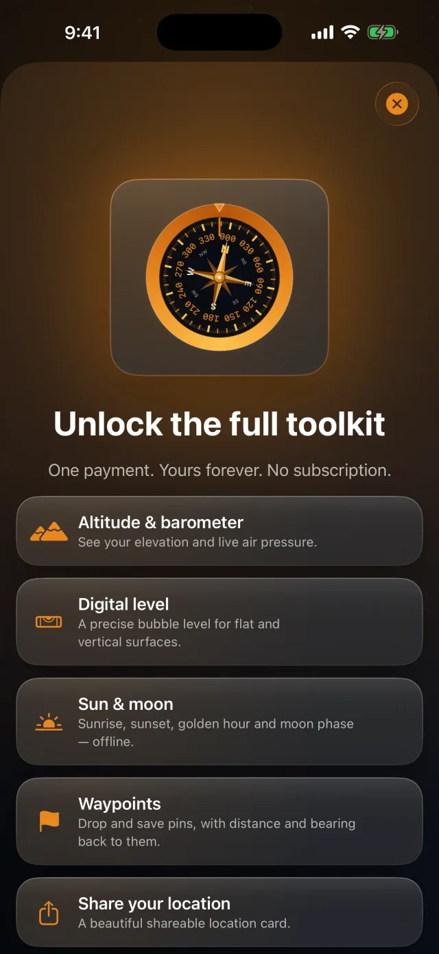 Compass Toolkit — Desbloqueo único de $4.99 — altitud, nivel, sol y luna, waypoints, compartir.