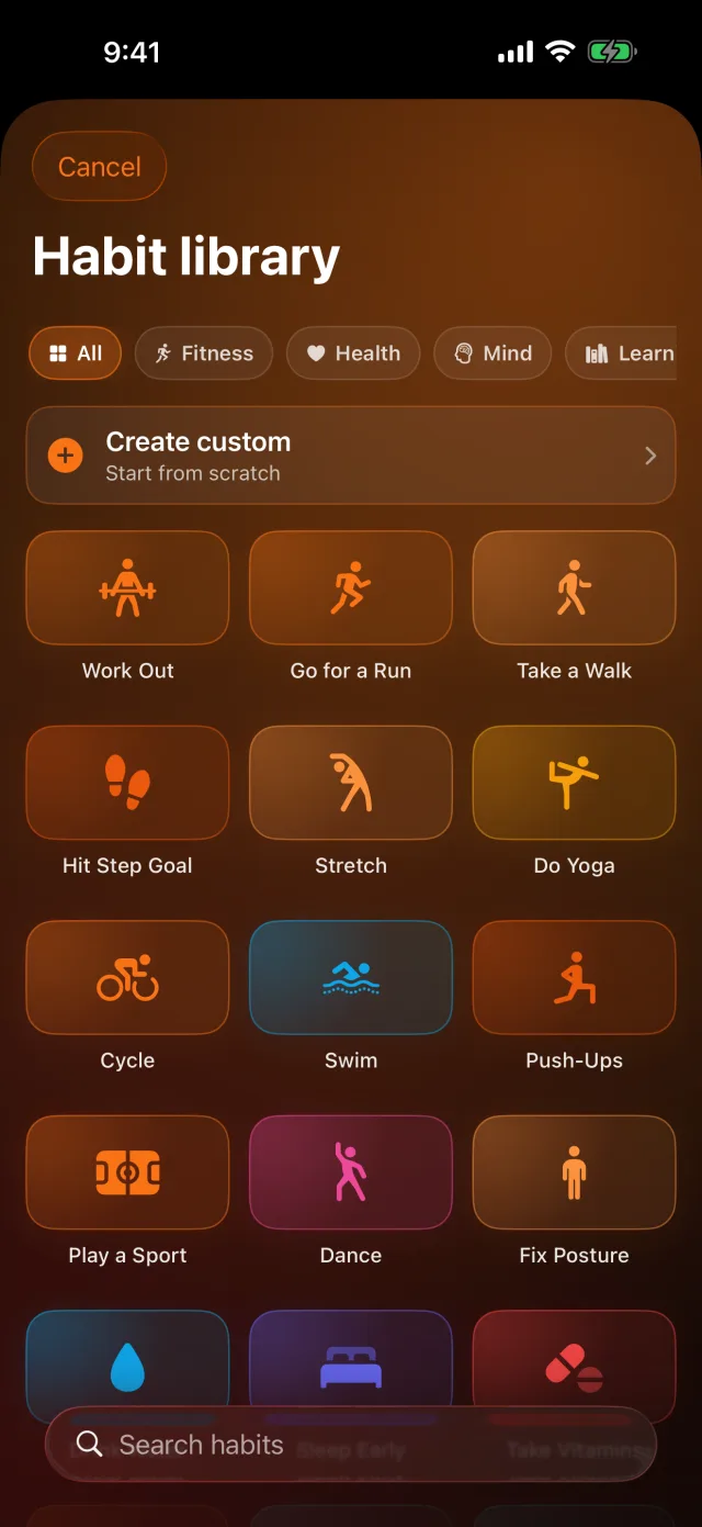 Habit Streak: Habits Tracker — Aggiungi un'abitudine da un catalogo di 91 splendidi preset.