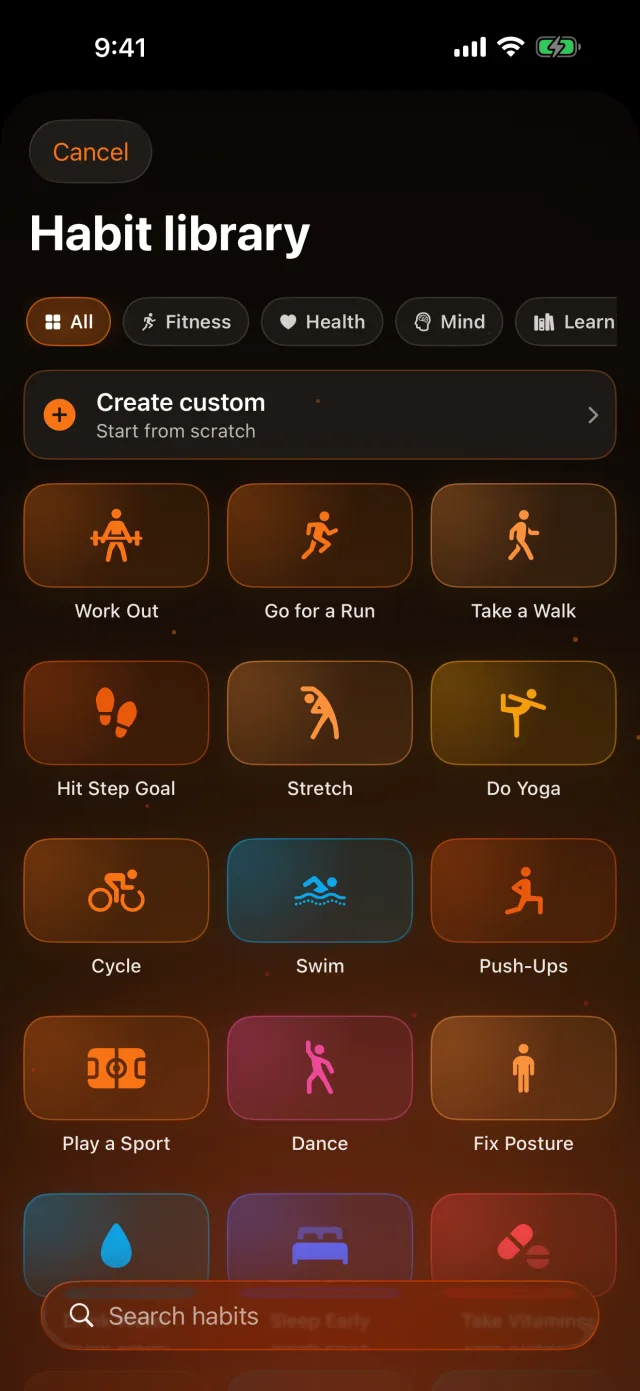 Habit Streak: Habits Tracker — Add a habit from a catalog of 93 gorgeous presets.