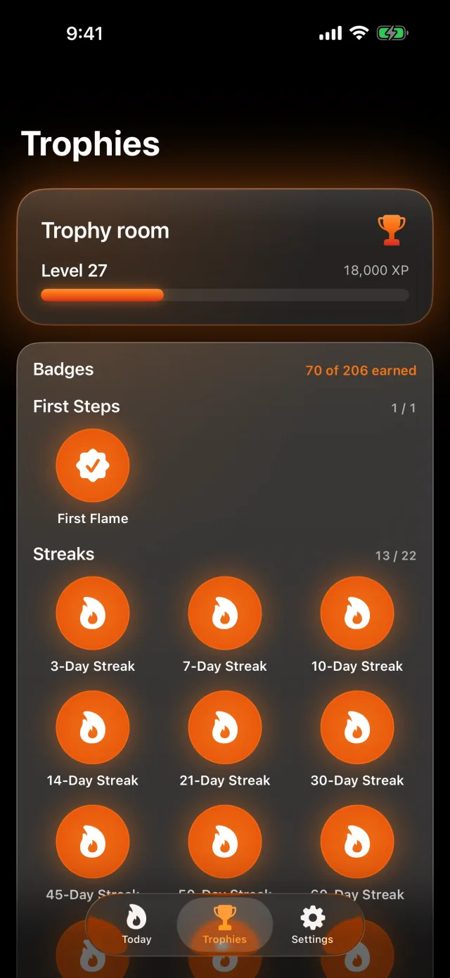 Habit Streak: Habits Tracker — La tua Sala dei Trofei — distintivi traguardo, livelli XP e strisce.