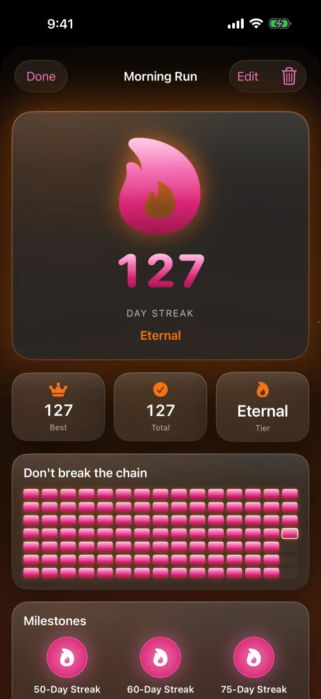 Habit Streak: Habits Tracker — The Rose skin — the whole app retinted, flame to grid.