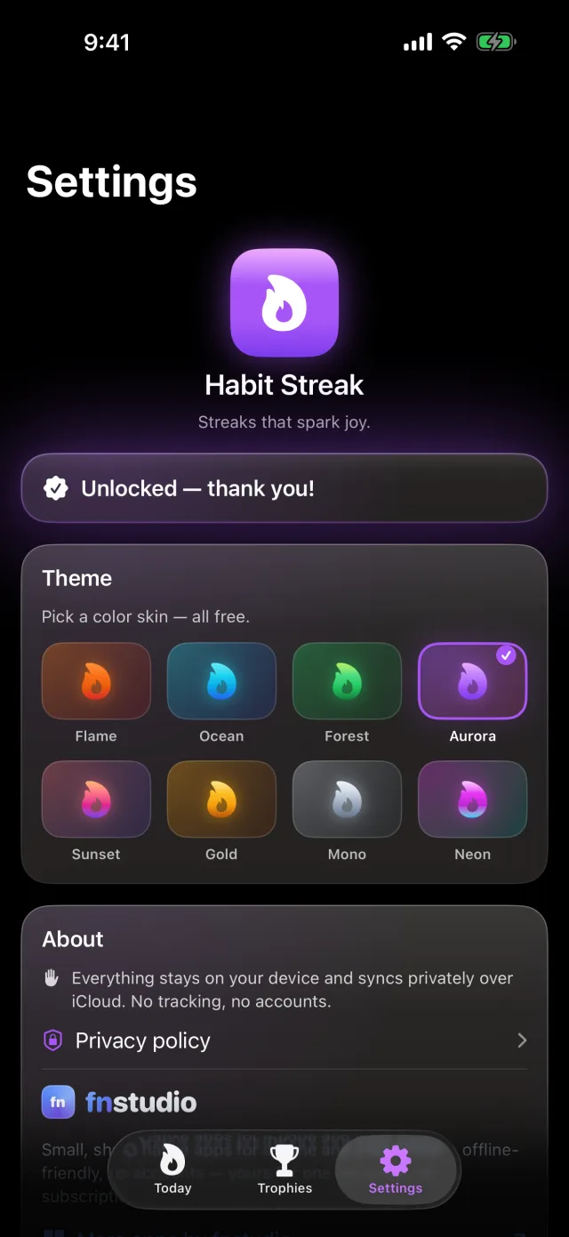Habit Streak: Habits Tracker — Scegli tra otto skin a tema gratuite in Impostazioni.