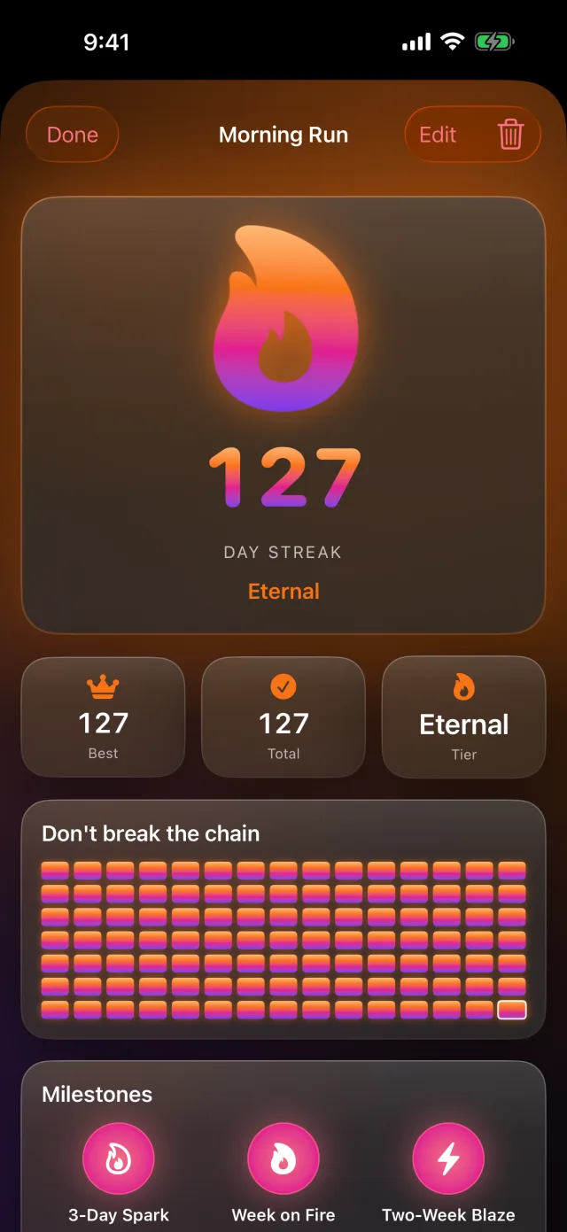 Habit Streak: Habits Tracker — La skin Sunset — strisce calde e luminose.